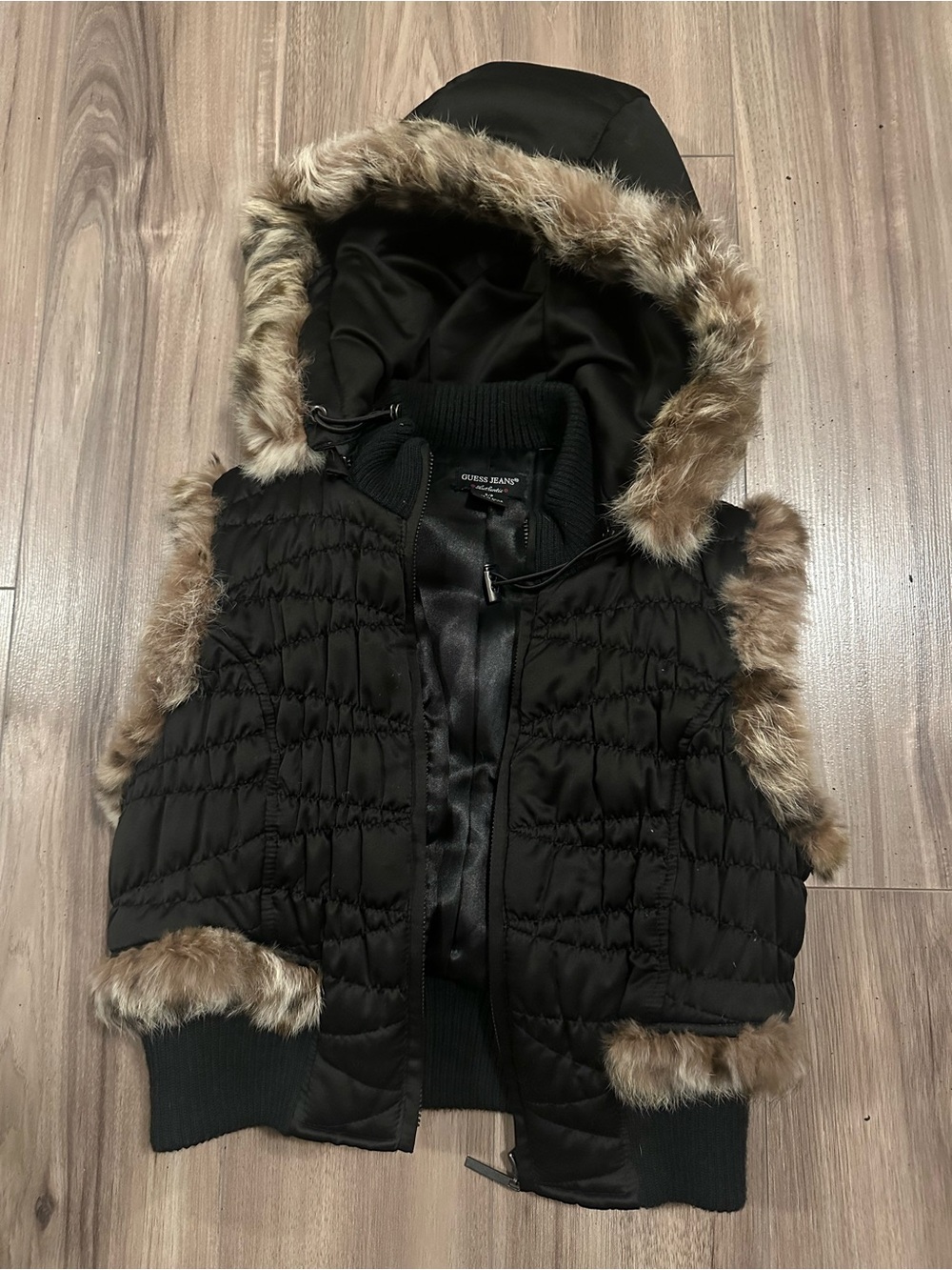 Guess Black Quilted Hooded Vest with Brown Faux-Fur Trim